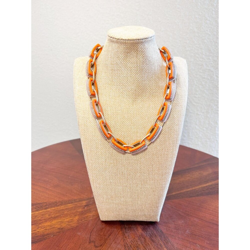 J. Crew Enamel Crystal Chain Link Statement Necklace in Orange/Pink